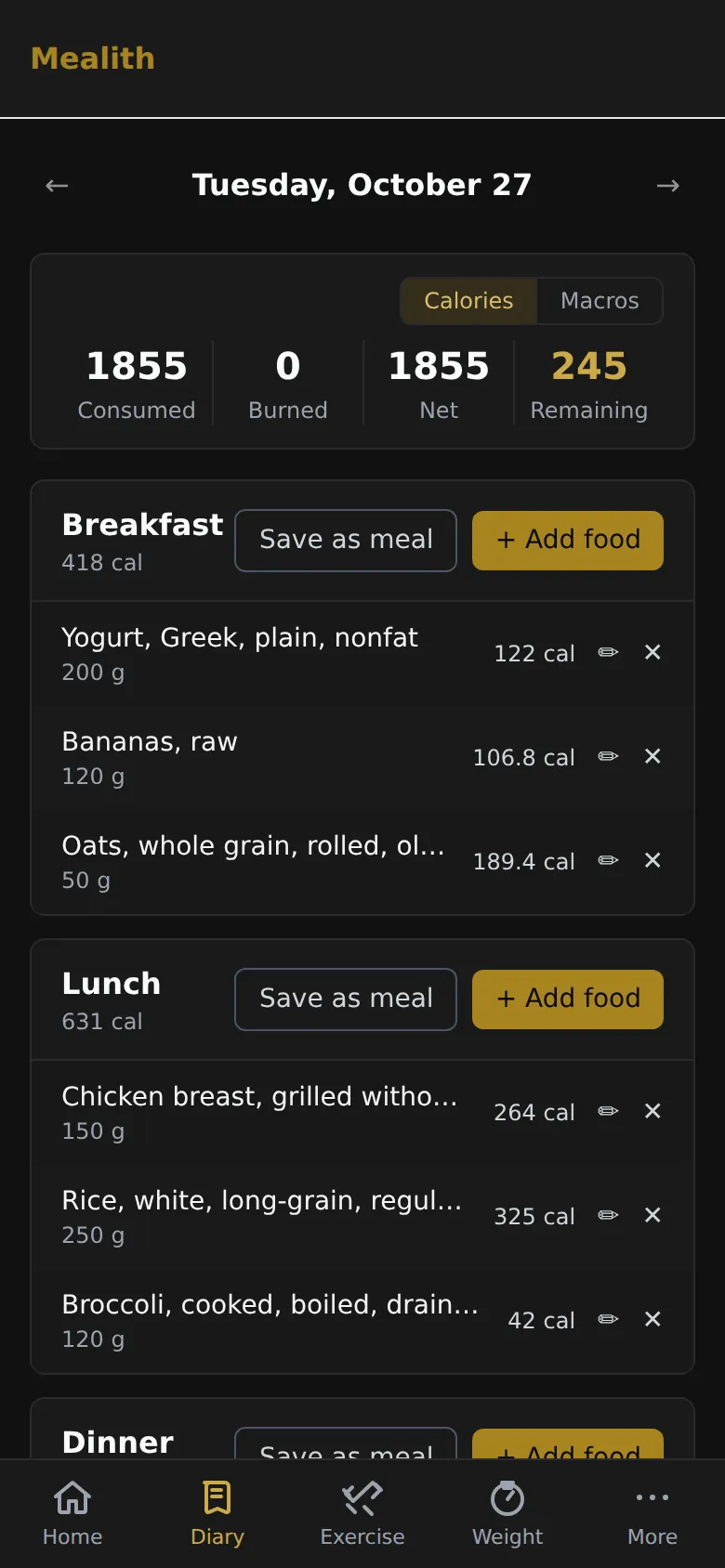 Mealith diary showing breakfast and lunch, 1855 of 2100 calories