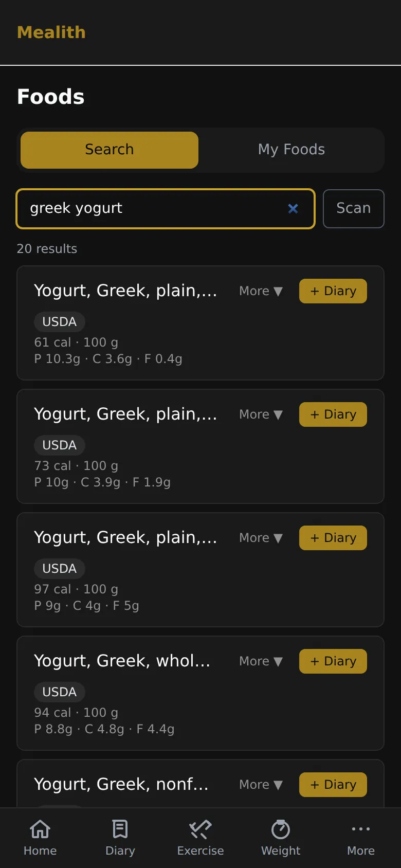 Searching foods for greek yogurt, with results from the built-in database